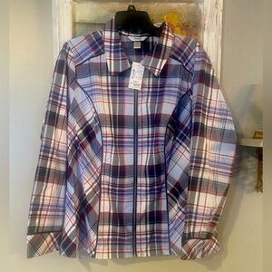 Christopher & Banks Womens Red White & Blue Plaid Zip Front Shirt Jacket 1X